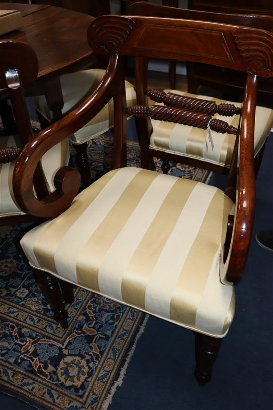 A part set of six Regency mahogany dining chairs, one with arms (two with arms)